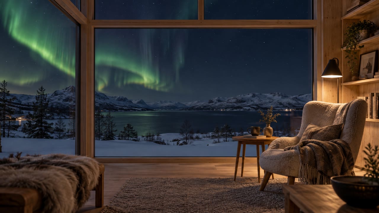 A warmly lit glass cabin beneath the northern lights